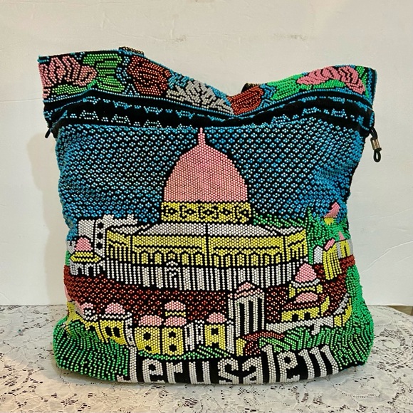 Vintage, Jerusalem, Colorful Beaded Tote Handbag 14in L x 12in H x 3.5in W - Picture 3 of 12
